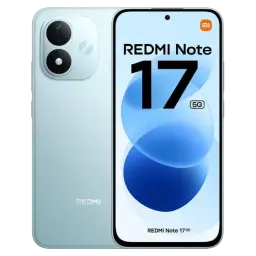 Xiaomi Redmi Note 17 5G en Sky Teal con pantalla perforada, biseles delgados y módulo dual de cámara trasera grande; logo Redmi discreto en la tapa