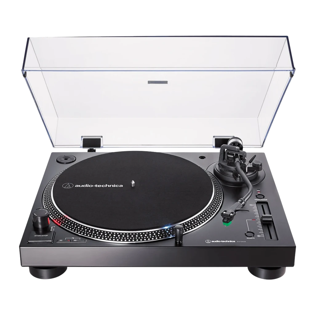 Audio-Technica AT-LP120X noir, vue en perspective: couvercle acrylique ouvert, plateau avec tapis et bras avec cellule - Ítem1