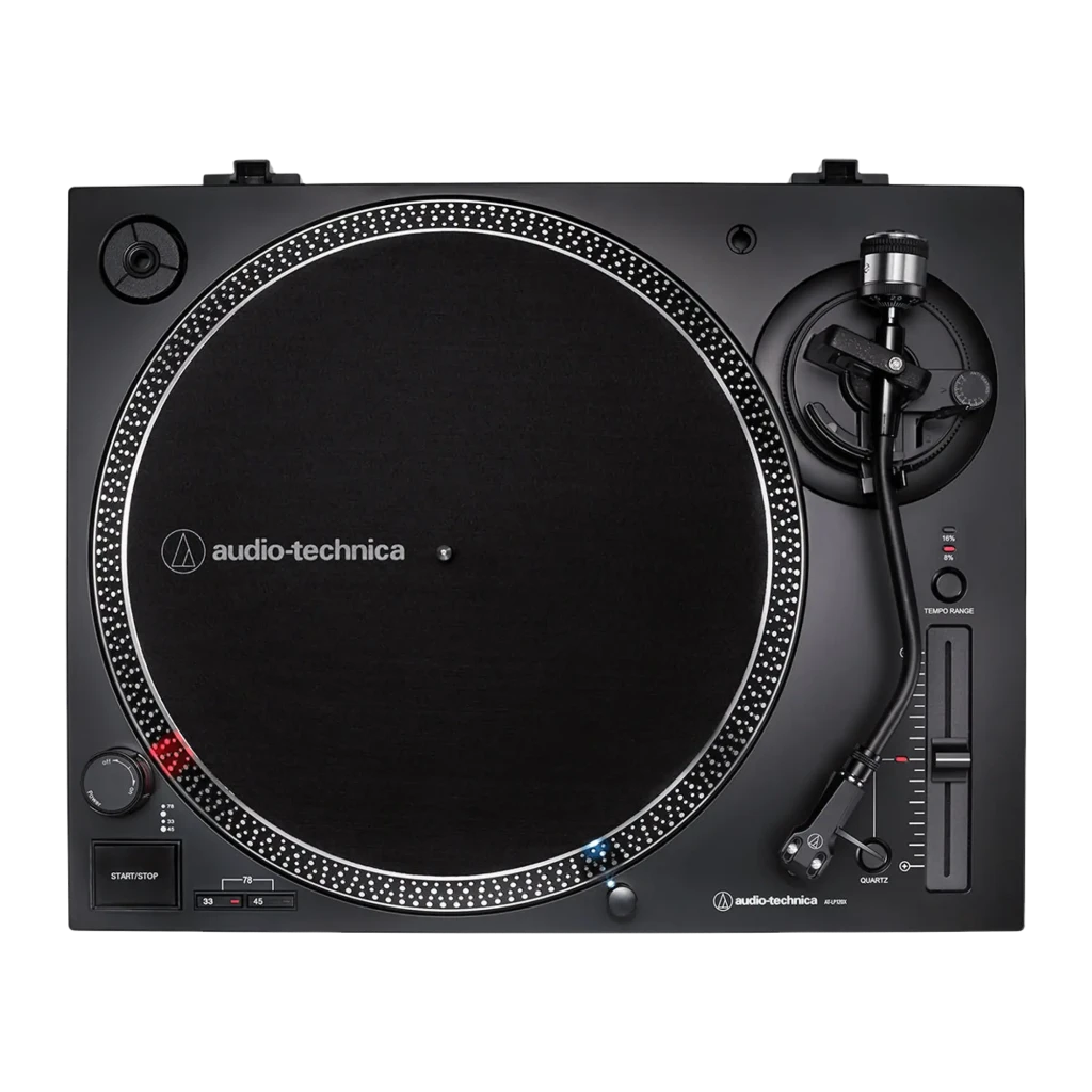 Audio-Technica AT-LP120X noir, vue en perspective: couvercle acrylique ouvert, plateau avec tapis et bras avec cellule - Ítem2