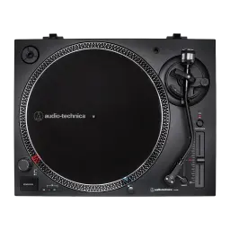 Audio-Technica AT-LP120X noir, vue de dessus: plateau, bras, contrôles de tempo et boutons 33/45/78 RPM vus du dessus