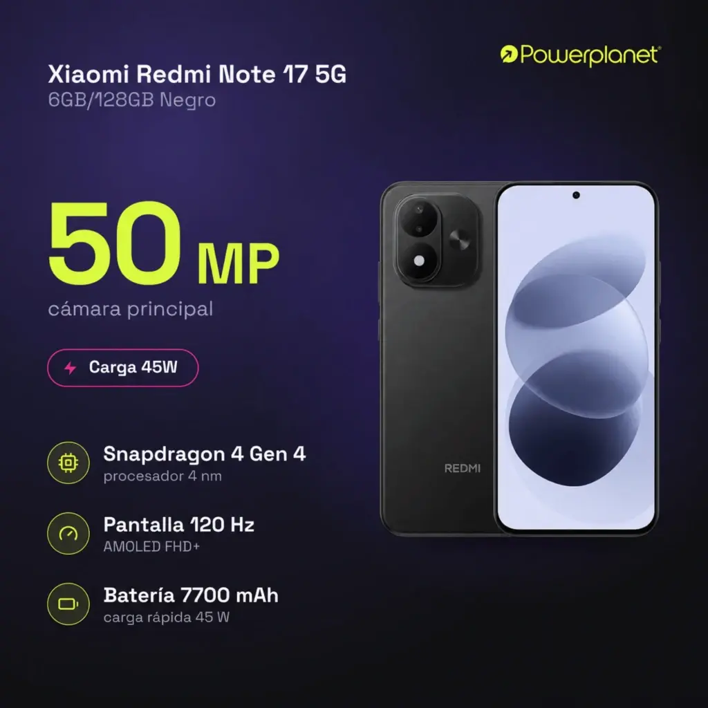 Xiaomi Redmi Note 17 5G preto com tela AMOLED 6,99 FHD+ 120 Hz, câmera principal 50 MP, design com módulo duplo e furo central, acabamento elegante