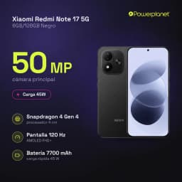 Xiaomi Redmi Note 17 5G preto com tela AMOLED 6,99 FHD+ 120 Hz, câmera principal 50 MP, design com módulo duplo e furo central, acabamento elegante