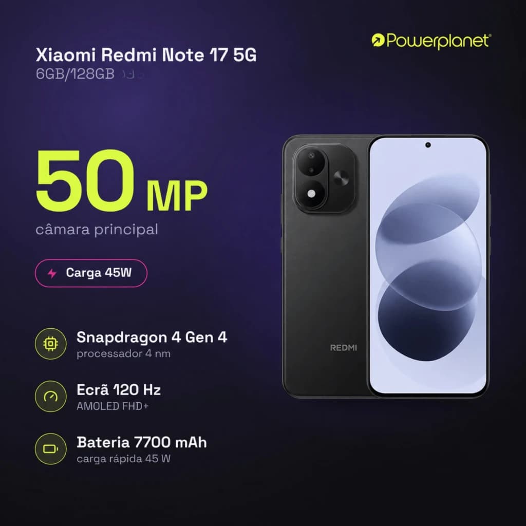 Xiaomi Redmi Note 17 5G preto com ecrã AMOLED 6,99 FHD+ 120 Hz, câmara principal 50 MP, processador Snapdragon 4 Gen 4 e carga rápida 45 W