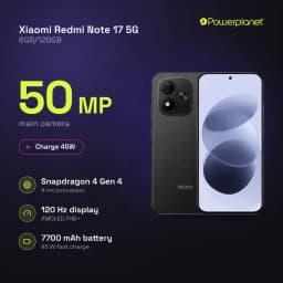 Xiaomi Redmi Note 17 5G preto com tela AMOLED 6,99 120 Hz, câmera 50 MP, bateria 7700 mAh e carregamento 45 W; 6 GB RAM e 128 GB armazenamento