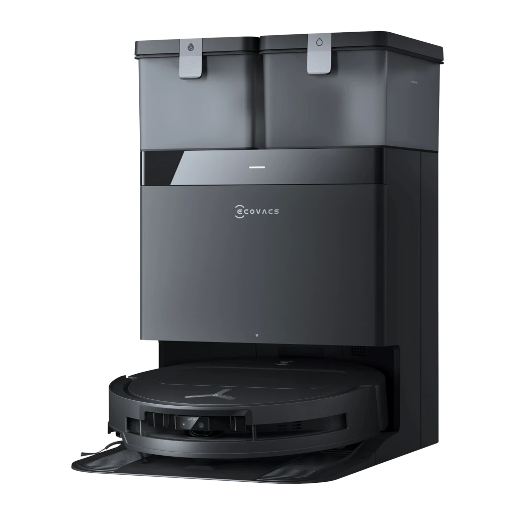 Ecovacs DEEBOT T50 OMNI Gen3 preto, vista frontal: robô aspirador na base com dois depósitos superiores e logo Ecovacs - Item2