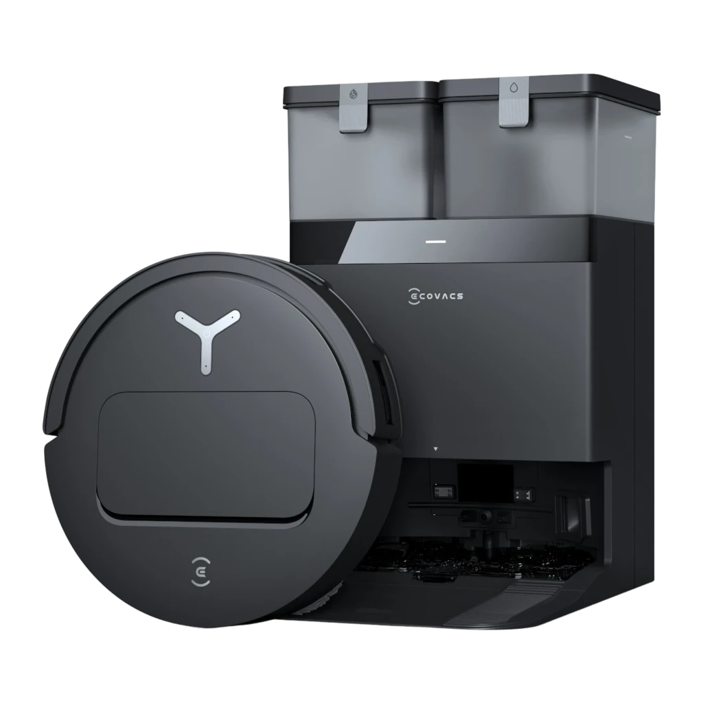 Ecovacs DEEBOT T50 OMNI Gen3 preto, vista frontal: robô aspirador na base com dois depósitos superiores e logo Ecovacs - Item3