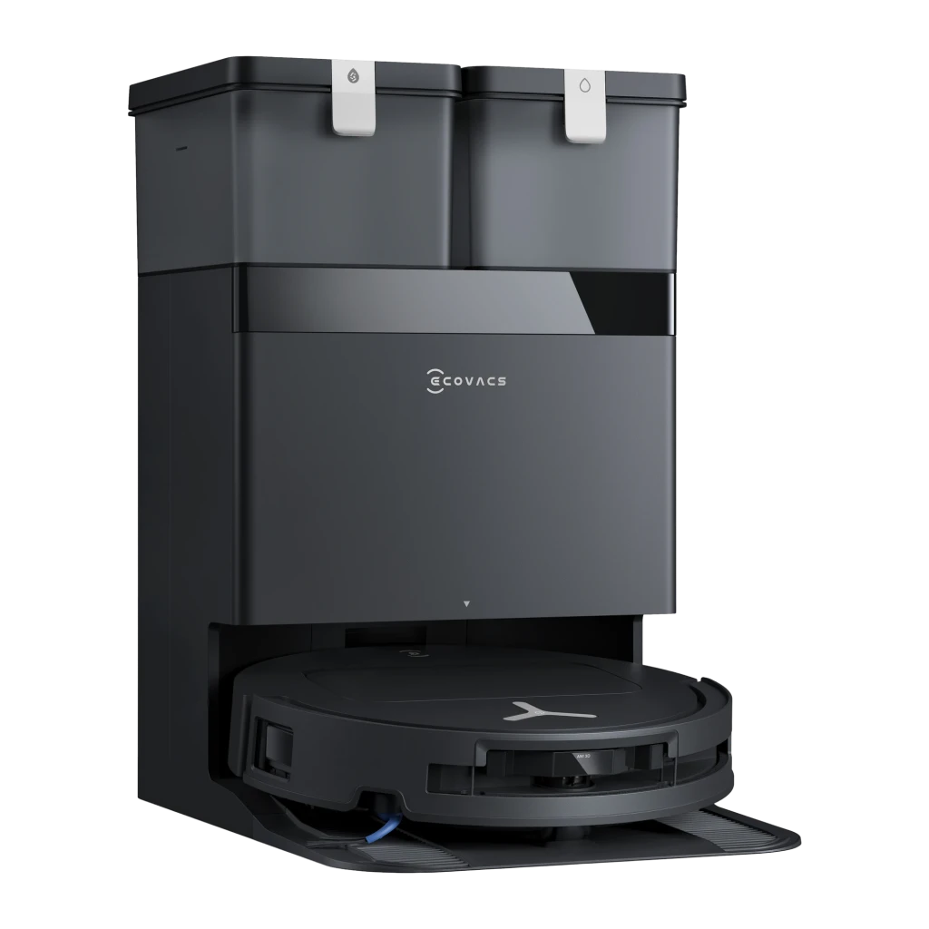 Ecovacs DEEBOT T50 OMNI Gen3 preto, vista frontal: robô aspirador na base com dois depósitos superiores e logo Ecovacs - Item1