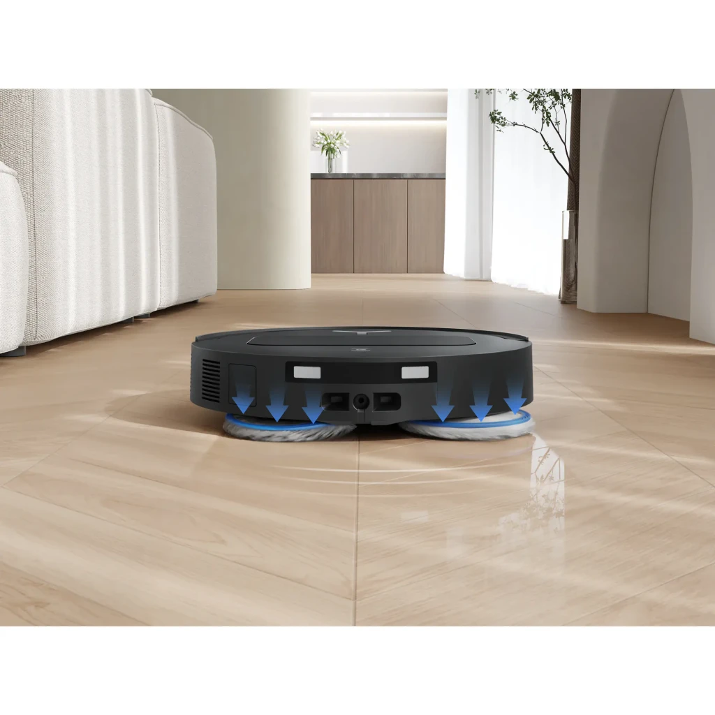 Ecovacs DEEBOT T50 OMNI Gen3 preto, vista frontal: robô aspirador na base com dois depósitos superiores e logo Ecovacs - Item4