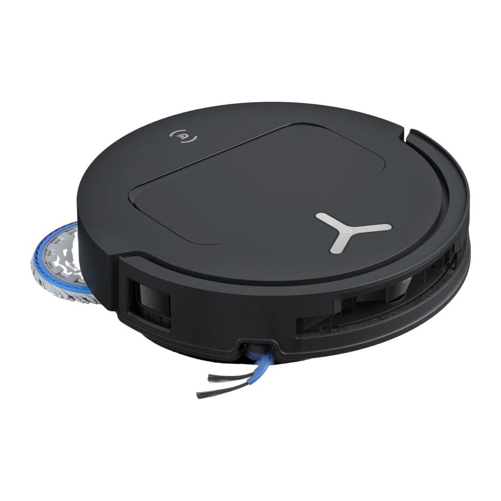 Ecovacs DEEBOT T50 OMNI Gen3 preto, vista frontal: robô aspirador na base com dois depósitos superiores e logo Ecovacs - Item8