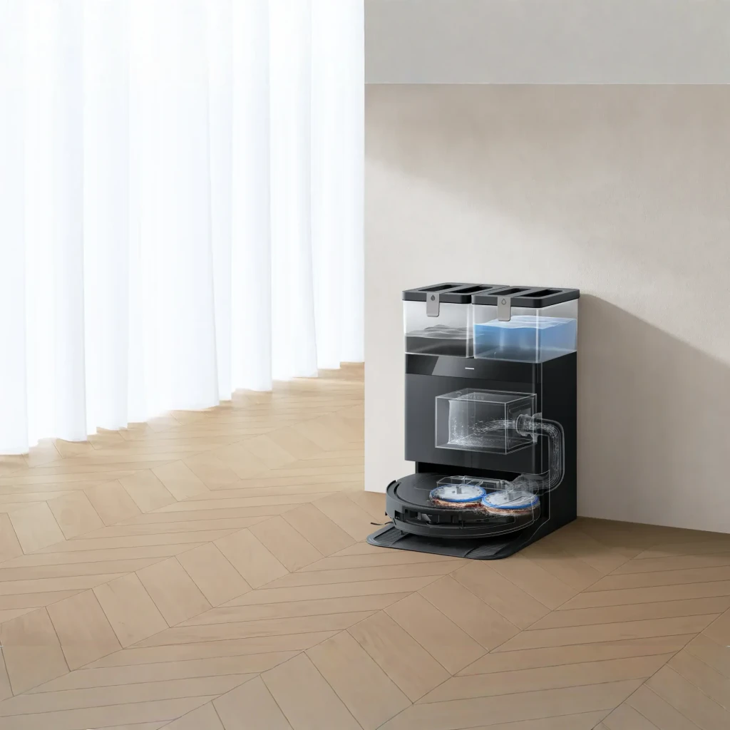 Ecovacs DEEBOT T50 OMNI Gen3 preto, vista frontal: robô aspirador na base com dois depósitos superiores e logo Ecovacs - Item6