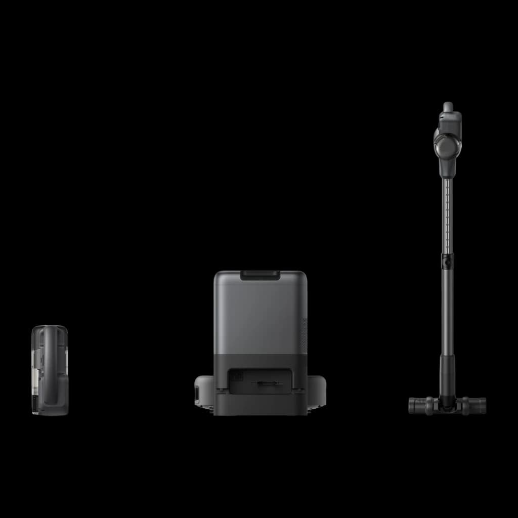 Anker Innovations Noir, vue secondaire: aspirateur sans fil, base de charge et accessoire séparés sur fond noir
