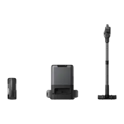 Anker Innovations Noir, vue secondaire: aspirateur sans fil, base de charge et accessoire séparés sur fond noir