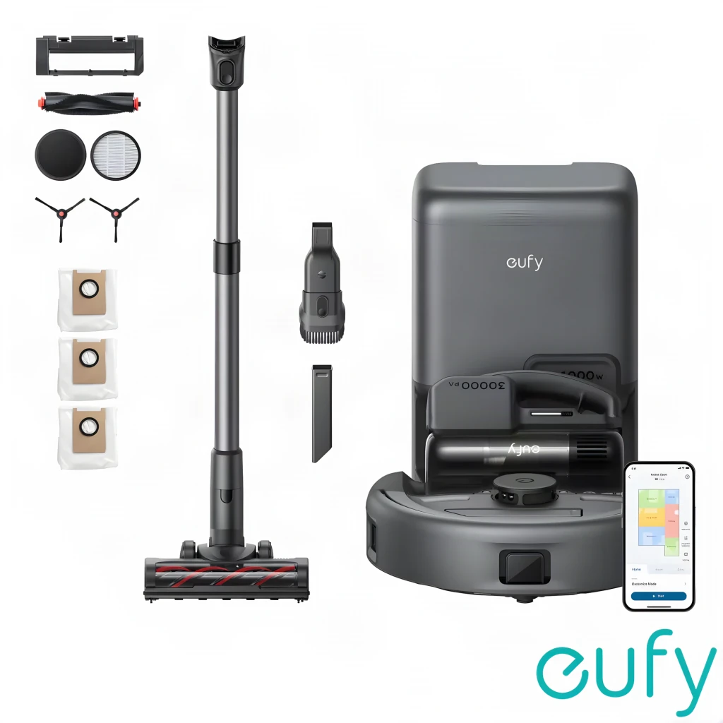 Anker Innovations Negro, vista secundaria: aspirador inalámbrico, base de carga y accesorio separados sobre fondo negro - Ítem1