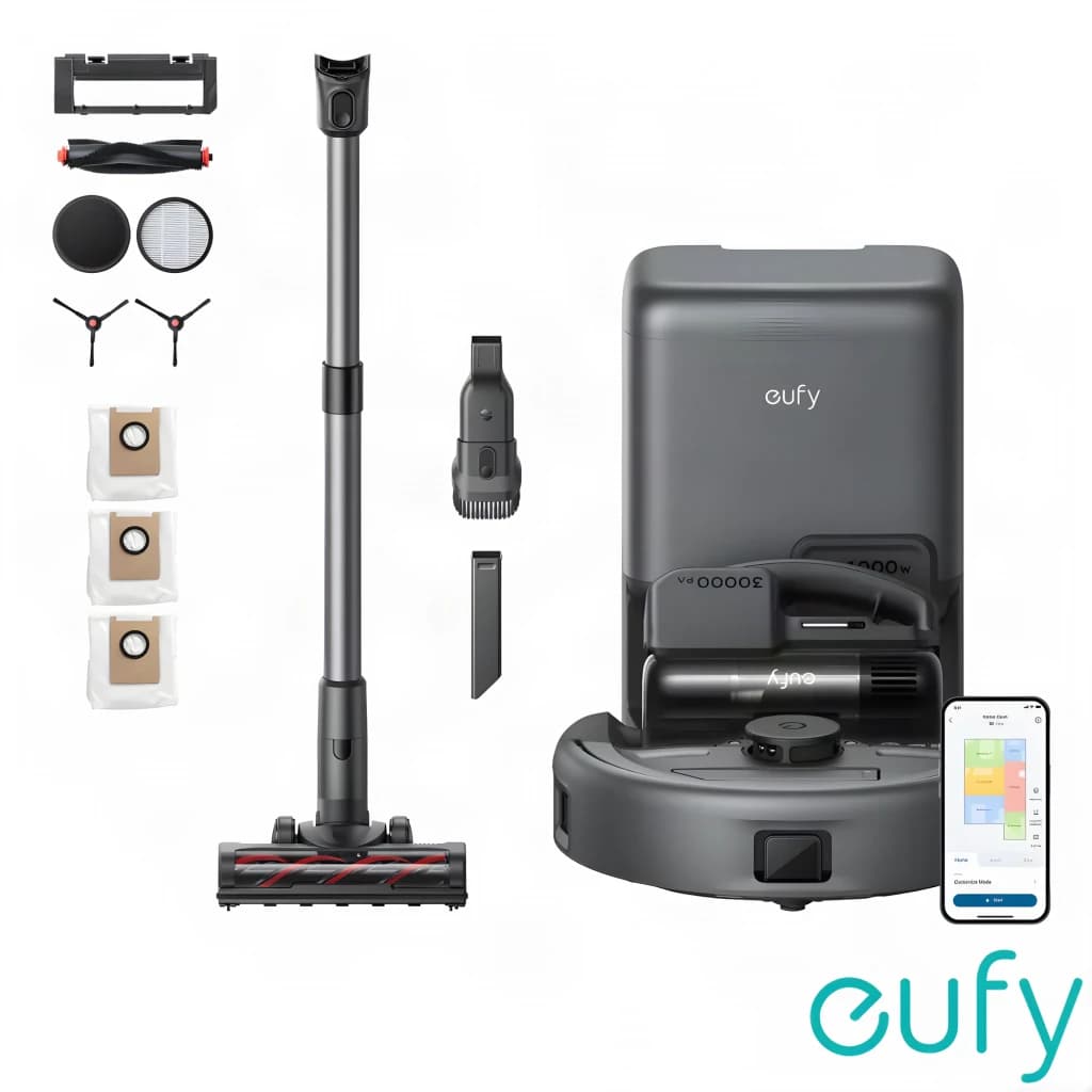 Anker Innovations eufy Noir, vue ensemble: aspirateur balai, robot aspirateur avec base, accessoires et application mobile
