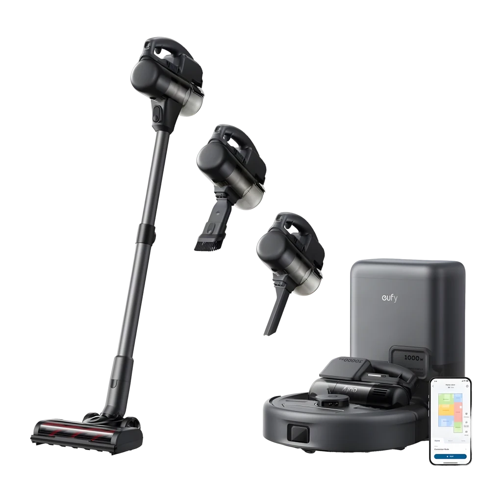 Anker Innovations Negro, vista secundaria: aspirador inalámbrico, base de carga y accesorio separados sobre fondo negro - Ítem2