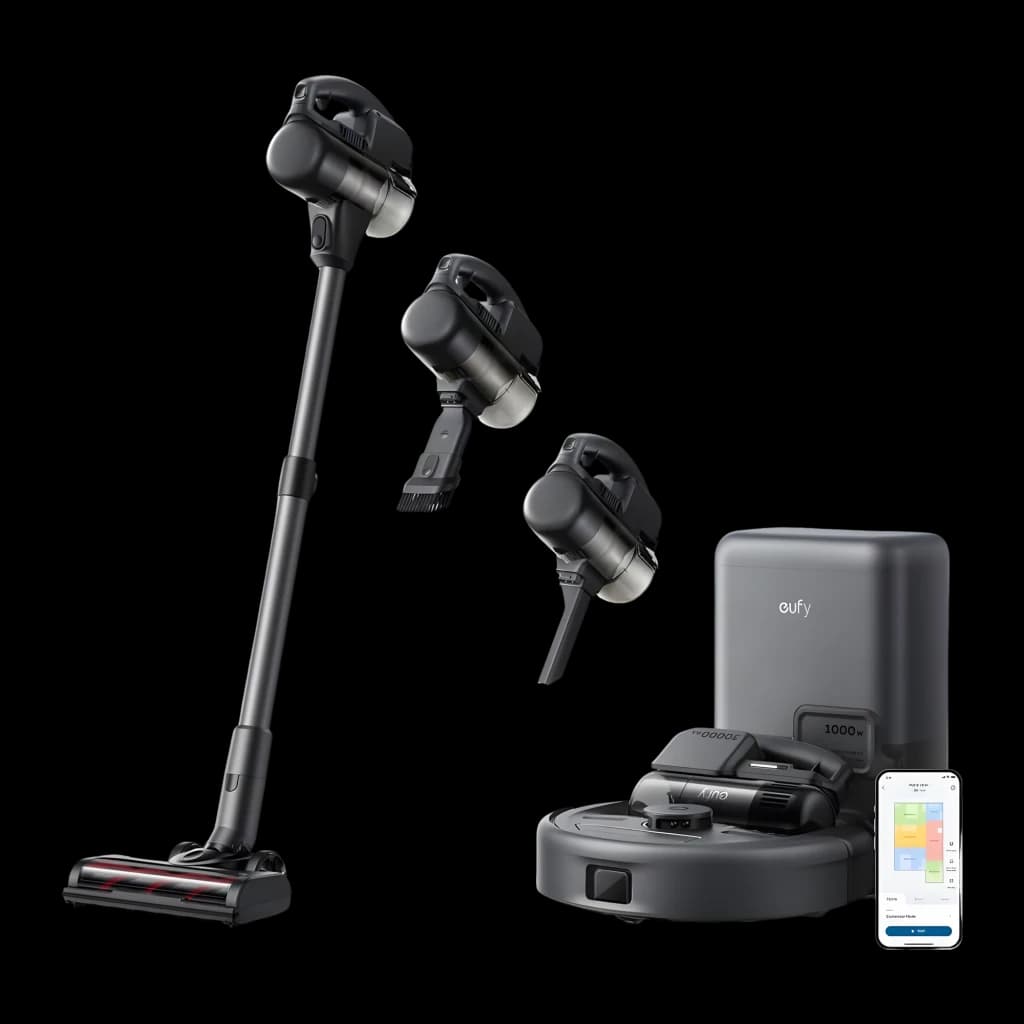 Anker Innovations Noir, vue ensemble: aspirateur balai, accessoires interchangeables, robot aspirateur avec base