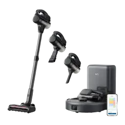 Anker Innovations Noir, vue ensemble: aspirateur balai, accessoires interchangeables, robot aspirateur avec base