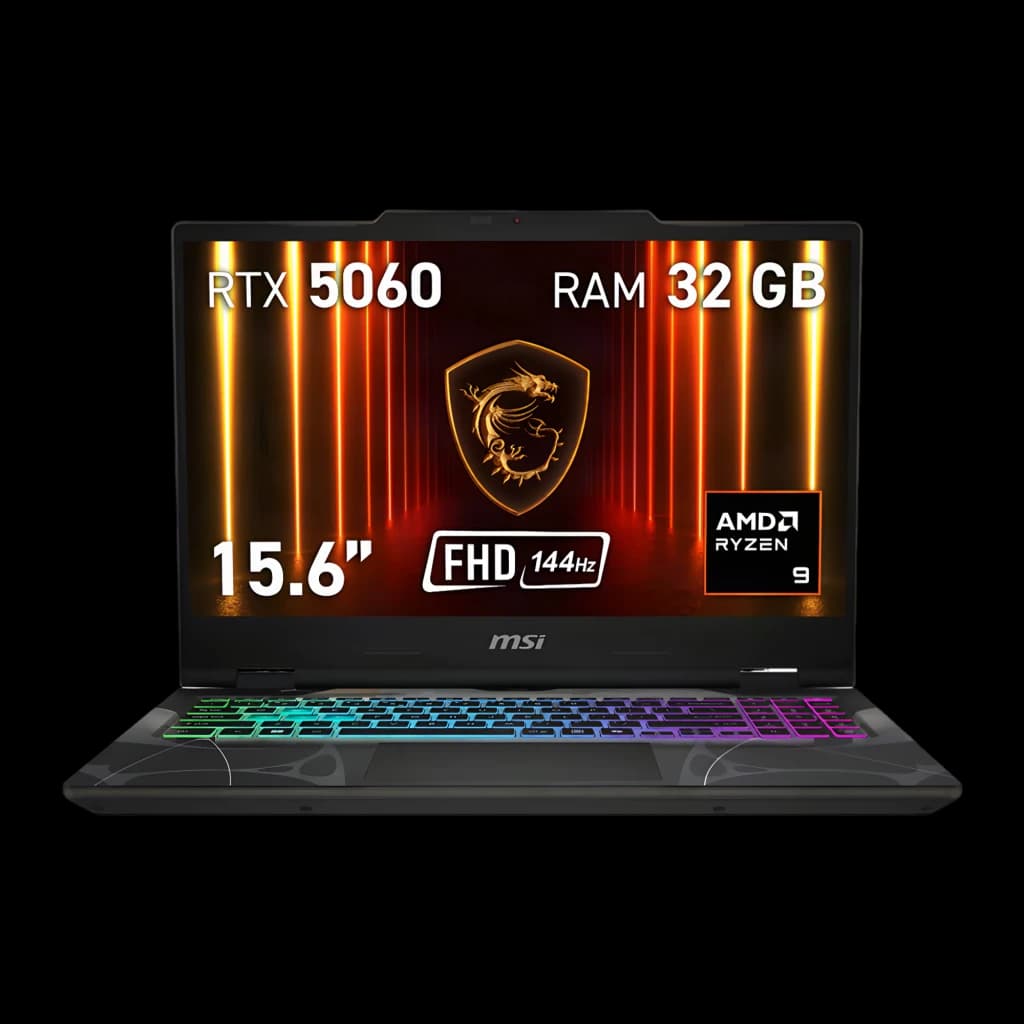 MSI Cyborg A15 1TB negro, vista frontal: pantalla con specs RTX 5060 32GB y teclado RGB multicolor