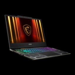 MSI Cyborg A15 1TB negro, vista frontal en ángulo: pantalla con logo dragón dorado y teclado RGB multicolor