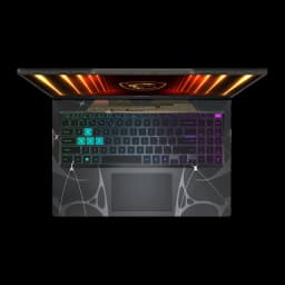 MSI Cyborg A15 1TB negro, vista superior: teclado RGB multicolor, panel trasero con luces naranja y logo MSI