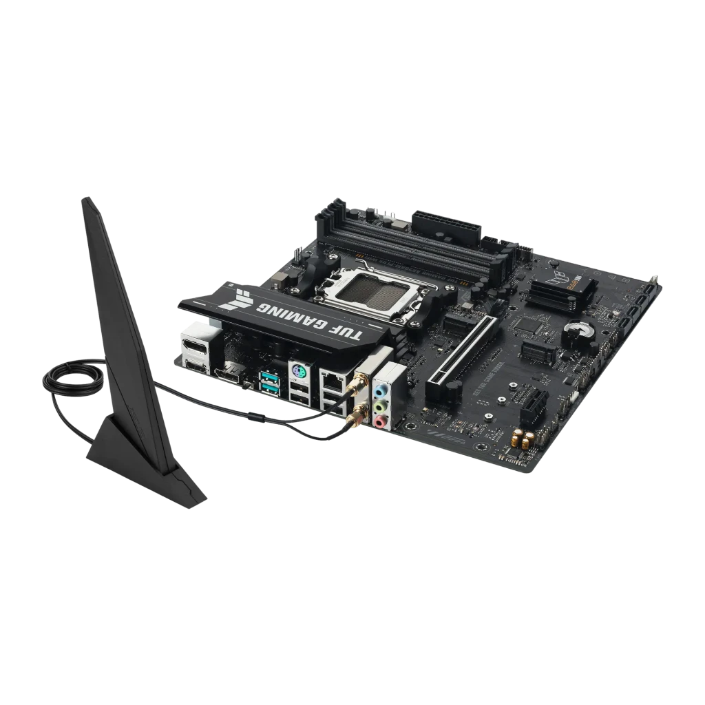 ASUS TUF Gaming A620AM-Plus WIFI, vista conjunto: placa-mãe mATX AM5, antena WiFi e caixa do produto - Item4