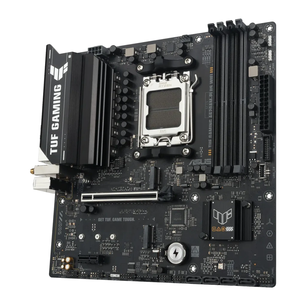 ASUS TUF Gaming A620AM-Plus WIFI, vista conjunto: placa-mãe mATX AM5, antena WiFi e caixa do produto - Item2