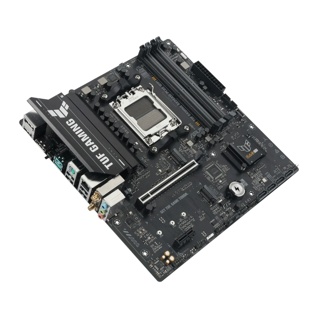ASUS TUF Gaming A620AM-Plus WIFI, vista conjunto: placa-mãe mATX AM5, antena WiFi e caixa do produto - Item3