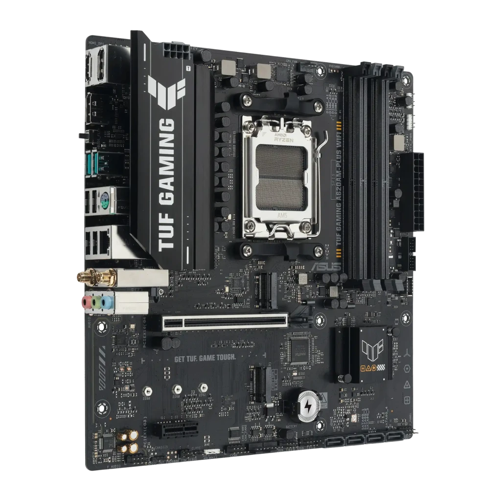 ASUS TUF Gaming A620AM-Plus WIFI, vista conjunto: placa-mãe mATX AM5, antena WiFi e caixa do produto - Item1