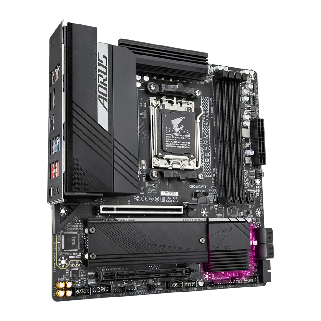 Gigabyte B650M AORUS Elite AM5 preto, vista frontal com caixa: placa-mãe e embalagem oficial juntas - Item2
