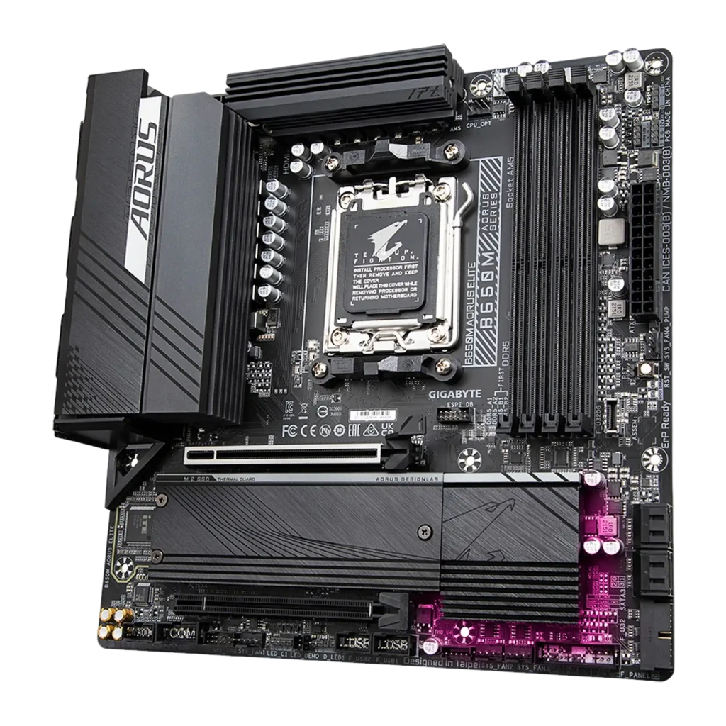 Gigabyte B650M AORUS Elite AM5 preto, vista frontal com caixa: placa-mãe e embalagem oficial juntas - Item3