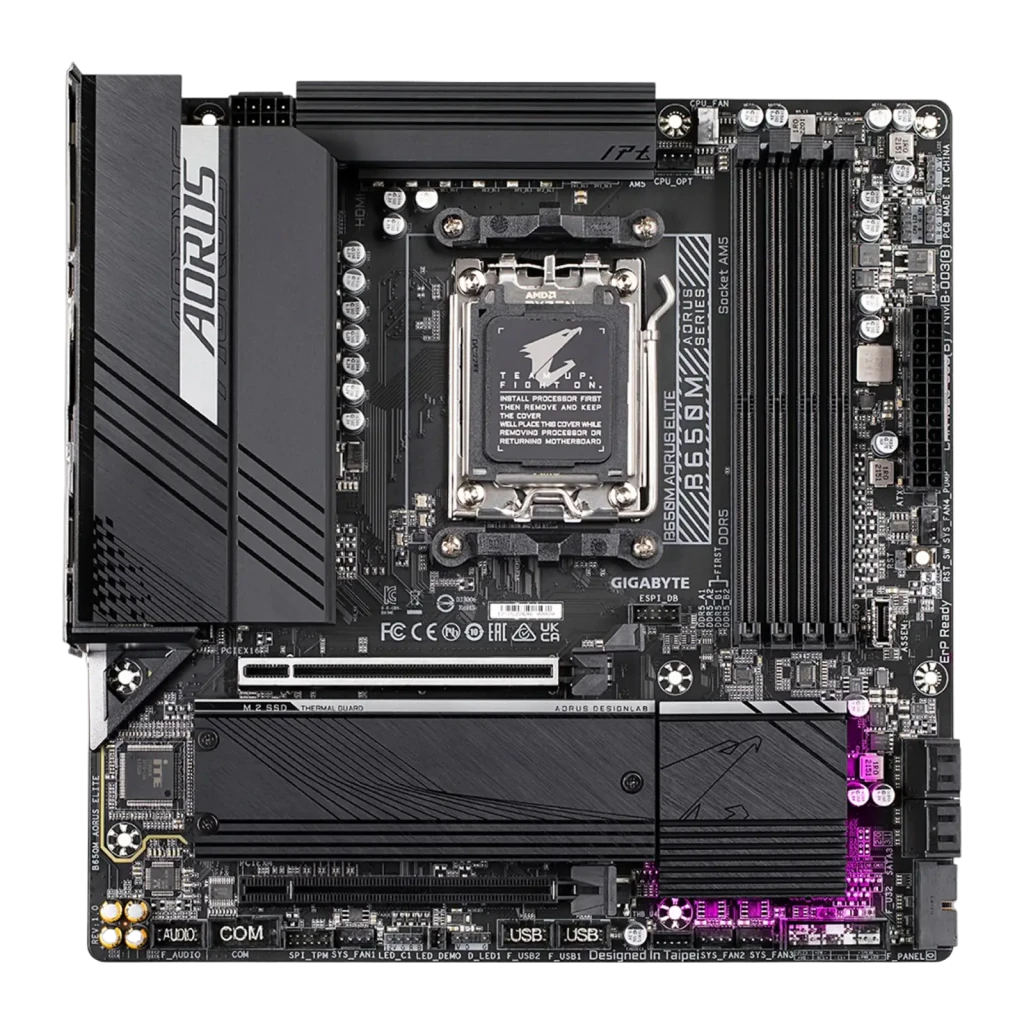 Gigabyte B650M AORUS Elite AM5 preto, vista frontal com caixa: placa-mãe e embalagem oficial juntas - Item1