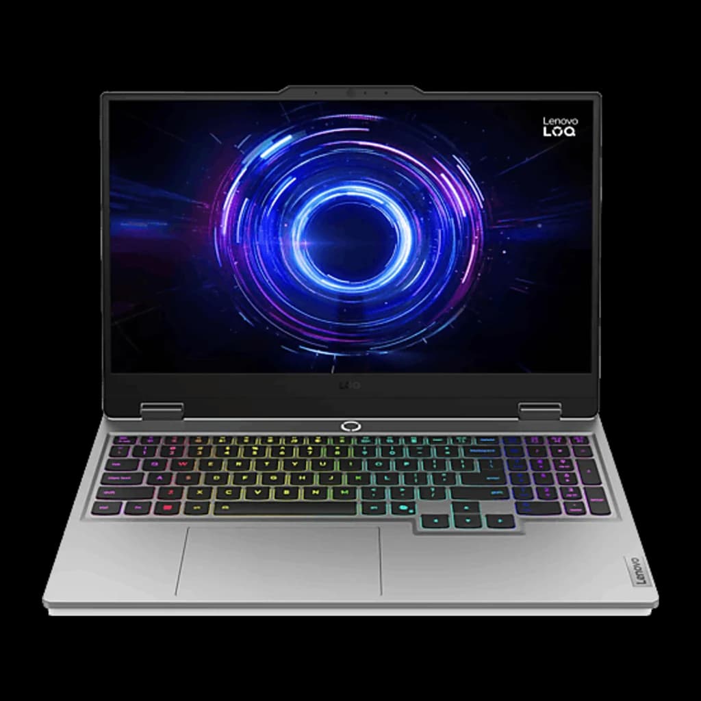 Lenovo LOQ 15IRX10 1TB Gris, vue de face: écran allumé avec graphique bleu et clavier RGB multicolore rétroéclairé