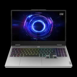 Lenovo LOQ 15IRX10 1TB Gris, vue de face: écran allumé avec graphique bleu et clavier RGB multicolore rétroéclairé