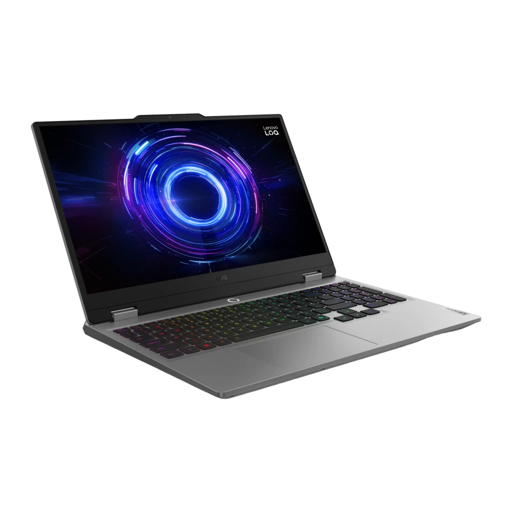 Lenovo LOQ 15IRX10 1TB Cinzento, vista frontal: ecrã aceso com gráfico azul e teclado RGB multicolor iluminado - Item3