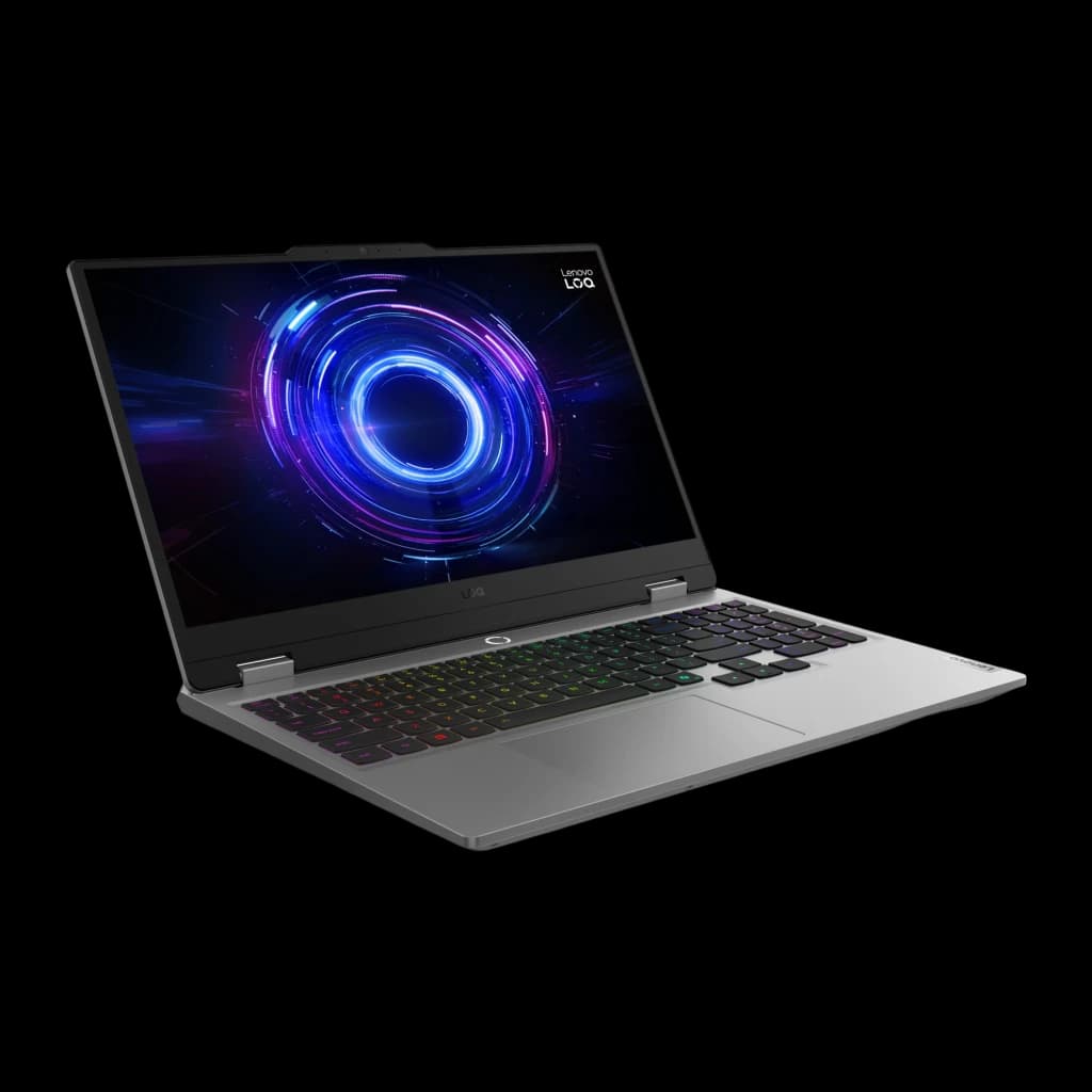 Lenovo LOQ 15IRX10 1TB Gris, vue avant 3/4 droite: écran gaming allumé, clavier RGB et logo LOQ visibles