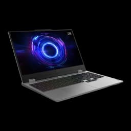 Lenovo LOQ 15IRX10 1TB Gris, vue avant 3/4 droite: écran gaming allumé, clavier RGB et logo LOQ visibles