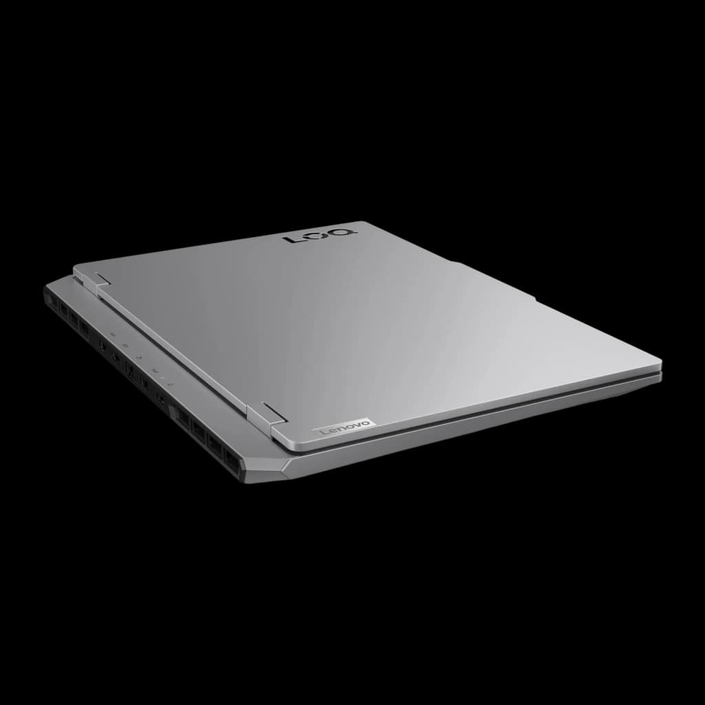 Lenovo LOQ 15IRX10 1TB Gris, vue arrière supérieure: couvercle fermé avec logo LOQ, grilles de ventilation latérales