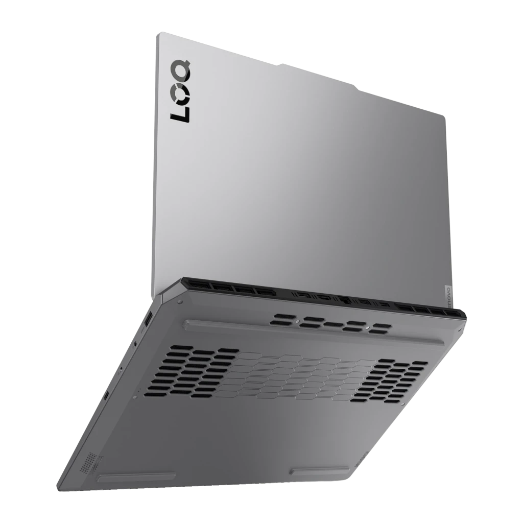 Lenovo LOQ 15IRX10 1TB Cinzento, vista frontal: ecrã aceso com gráfico azul e teclado RGB multicolor iluminado - Item6