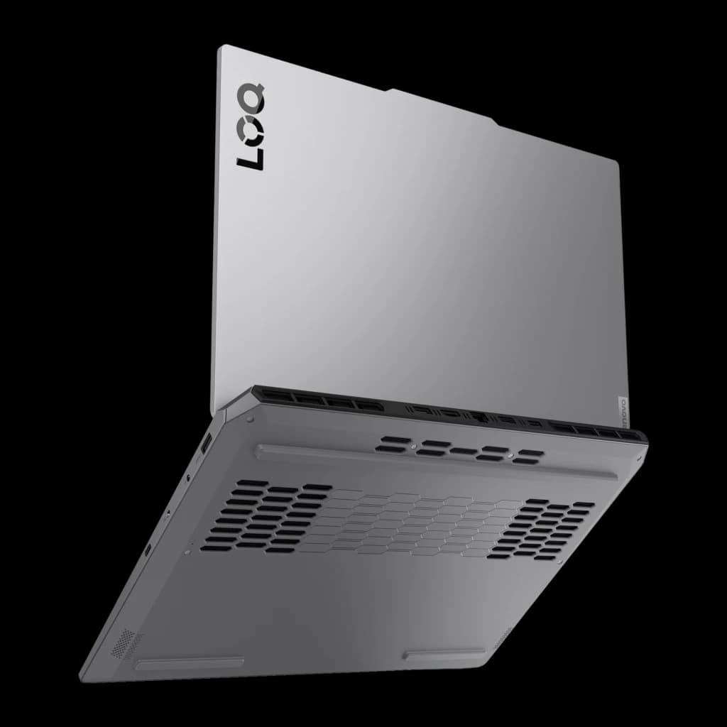 Lenovo LOQ 15IRX10 1000GB Gris, vue dessous et couvercle: grilles de ventilation et logo LOQ sur couvercle gris