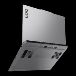 Lenovo LOQ 15IRX10 1000GB Gris, vue dessous et couvercle: grilles de ventilation et logo LOQ sur couvercle gris