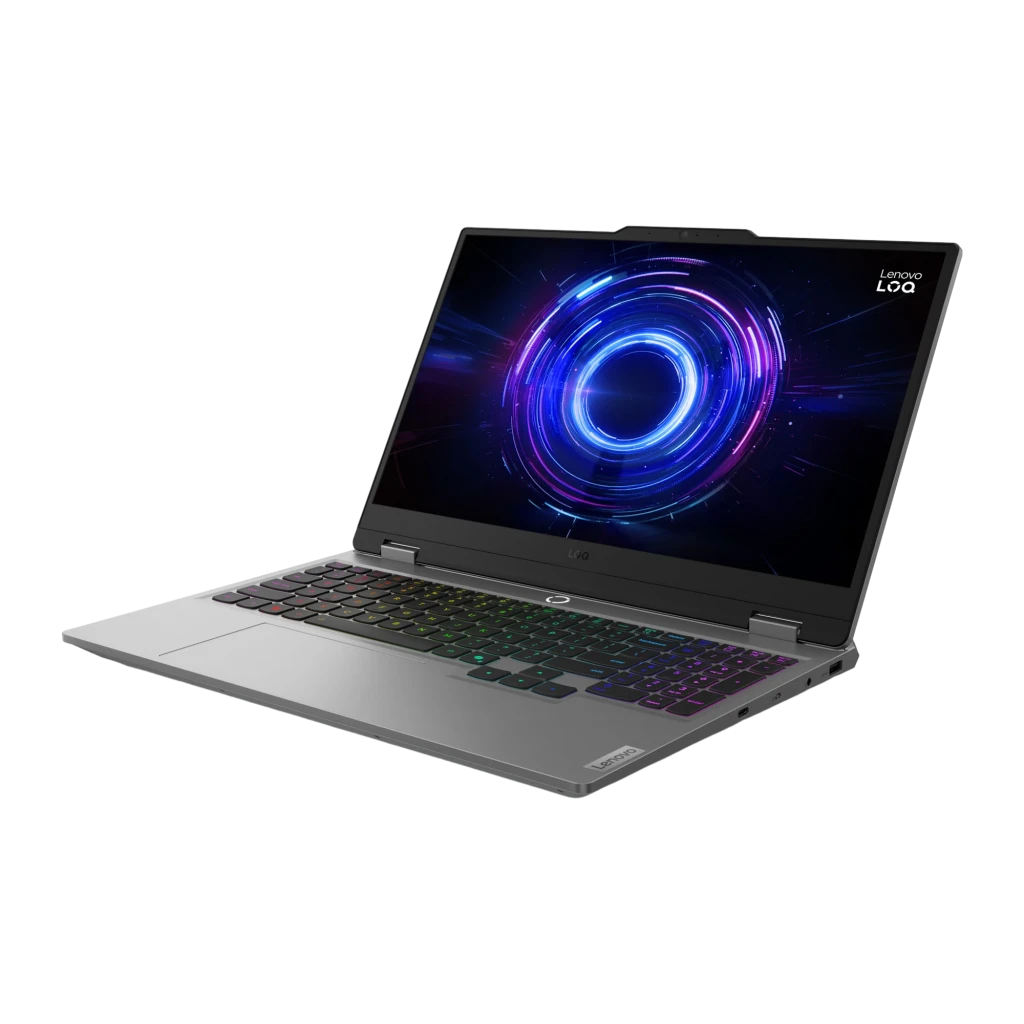 Lenovo LOQ 15IRX10 1TB Cinzento, vista frontal: ecrã aceso com gráfico azul e teclado RGB multicolor iluminado - Item2