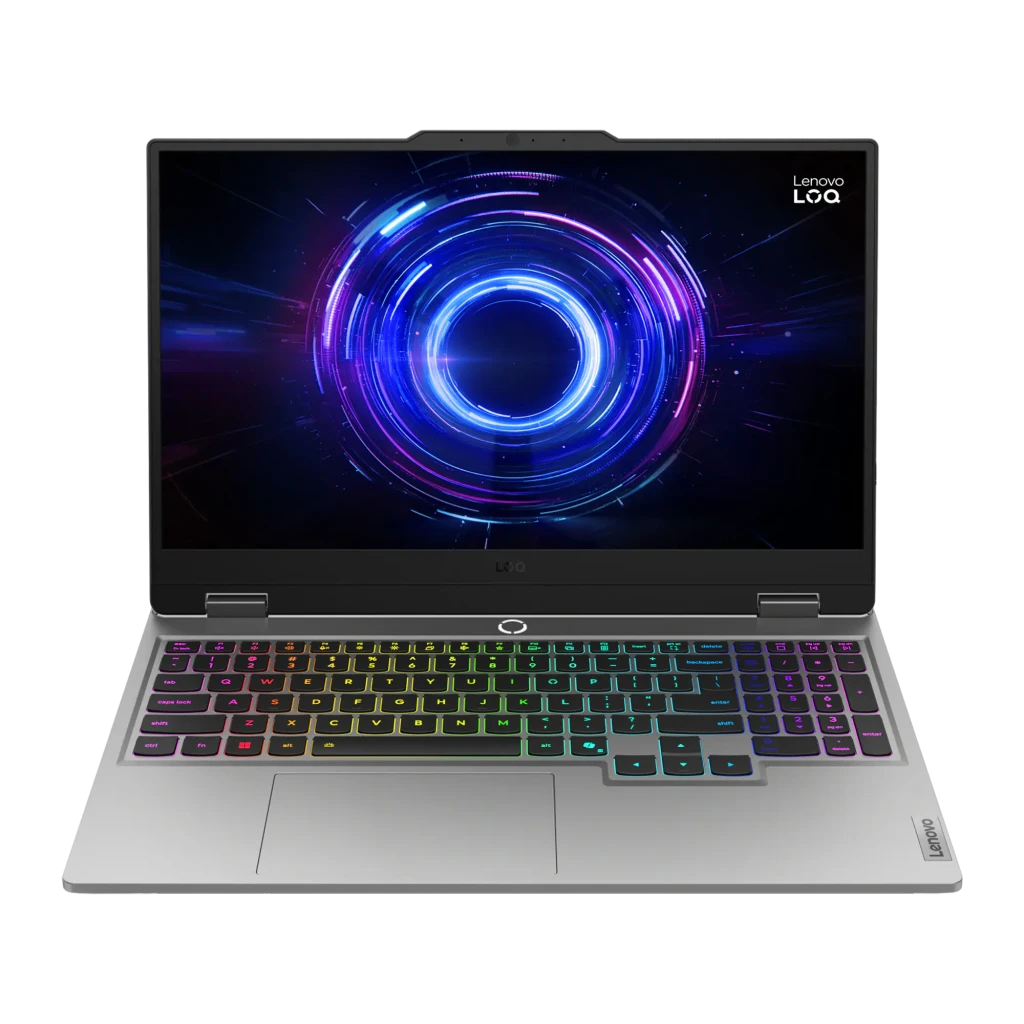 Lenovo LOQ 15IRX10 1TB Cinzento, vista frontal: ecrã aceso com gráfico azul e teclado RGB multicolor iluminado - Item1