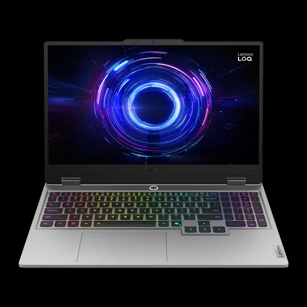 Lenovo LOQ 15IRX10 1TB Gris, vue de face: clavier RGB rétroéclairé multicolore et écran avec graphique gaming circulaire bleu
