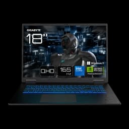 GIGABYTE A18 Pro 18" 32GB 1TB preto, vista frontal aberta: ecrã QHD 165Hz com teclado retroiluminado azul