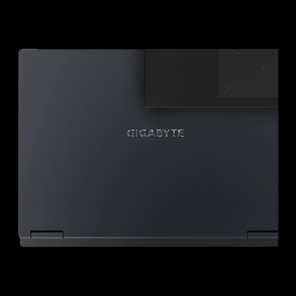 GIGABYTE A18 Pro 18" 32GB 1TB preto, vista traseira fechada: tampa com logo GIGABYTE e painel texturizado