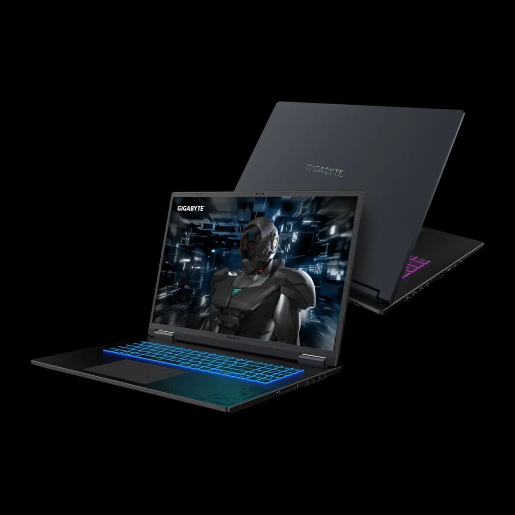 GIGABYTE A18 Pro 18" 1TB preto titânio, vista frontal e traseira: teclado RGB azul, ecrã gaming e logótipo iluminado