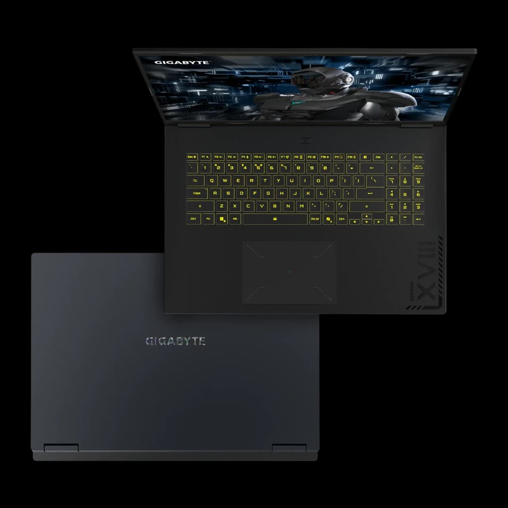 GIGABYTE A18 Pro 1TB Preto titânio, vista superior e inferior: teclado RGB amarelo e tampa traseira com logo