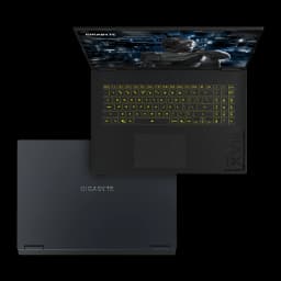 GIGABYTE A18 Pro 1TB Preto titânio, vista superior e inferior: teclado RGB amarelo e tampa traseira com logo