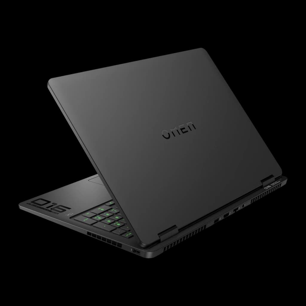 HP OMEN Slim Gaming 16 1TB negro, vista trasera en ángulo: tapa mate con logo OMEN y rejillas de ventilación laterales