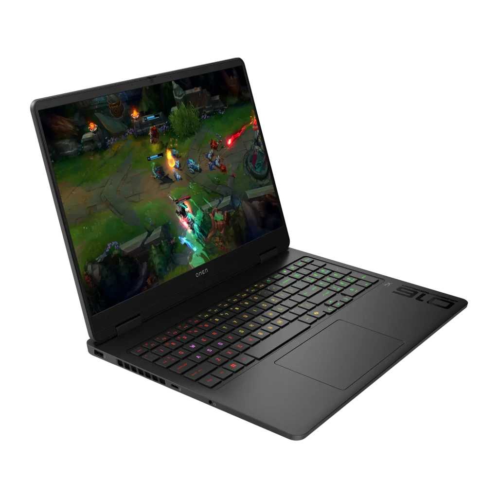 HP OMEN Slim Gaming 16 1TB preto, vista frontal: ecrã com League of Legends e teclado RGB retroiluminado - Item2